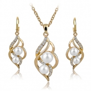 Jewelry Necklace Earrings Set - YiaMia(TM) Fashion Double Pearl Jewelry Set Gold Silver Plated Earrings Necklace Set Austrain Crystal Wedding Accessories Jewelry for Women Girls Birthday Gifts (Gold Pearl Pattern)