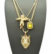 Micro Colorful Gemstone, Angle, Lion Pendant 24,30 Box Chain 3 Necklace Set Gold Tone RC1471G (Yellow)