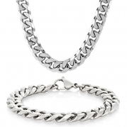 Men's Stainless Steel Curb Chain Bracelet 8.5 and Necklace 24 Set with Crucible Keychain