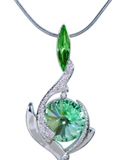 August Peridot Birthstone Color Pendant Necklace with Two Swarovski Crystals Set in Platinum. MADE IN USA (8130CR)
