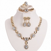 Moochi Gold Plated White Zircon Stones Embedded Brass Necklace Earrings Jewelry Set