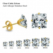 Luxusteel® Cubic Zircon Diamond Stainless Steel Stud Earring Set 3-8mm 6 Pairs Per Set , Square Shape Gold Plated