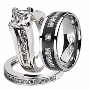 Hers and His Stainless Steel Princess Wedding Ring Set & Titanium Wedding Band