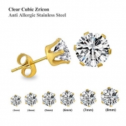 Luxusteel® Cubic Zircon Diamond Stainless Steel Stud Earring Set 3-8mm 6 Pairs Per Set, Round Shape Gold Plated