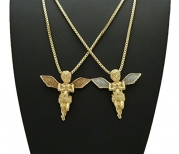 Sparkled Iced Out Micro Double Angel Pendant 24 Box Chain 2 Necklace Set Gold Silver Tone