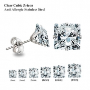 Luxusteel® Cubic Zircon Diamond Stainless Steel Stud Earring Set 3-8mm 6 Pairs Per Set , Square Shape Silver Color