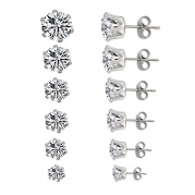 Luxusteel® Cubic Zircon Diamond Stainless Steel Stud Earring Set 3-8mm 6 Pairs Per Set , Round Cut Silver Color