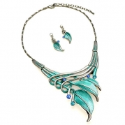 PammyJ Silvertone Aqua Blue Leaf Statement Necklace and Earrings Set, 16 + 3 Ext.