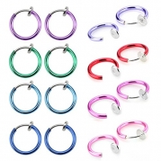 Areke Women's Fake Clip On Earrings Non Piercing Unisex Small Hoop Earring Fake Body Jewelry 8 Pairs Color Red Purple Blue Green Pink