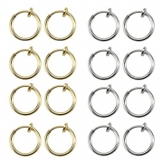 Areke Women's Fake Clip On Earrings Non Piercing Unisex Small Hoop Earring Fake Body Jewelry 8 Pairs Color Silver Gold