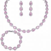 EVER FAITH CZ October Birthstone Elegant Tear Drop Necklace Earrings Bracelet Set Pink Tourmaline-color