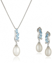 Sterling Silver Swiss Blue Topaz and Freshwater Cultured Pearl Necklace and Earrings Jewelry Set