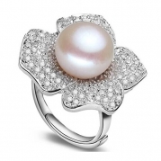 Genuine 12mm Freshwater Pearl Flower Sterling Silver Ring Micro Prong Zircon Jewelry White