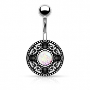 {White} Imitation Opal Glitter Tribal Pattern Surgical Steel Belly Button Ring (Sold Individually)