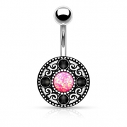 {Hot Pink} Imitation Opal Glitter Tribal Pattern Surgical Steel Belly Button Ring (Sold Individually)