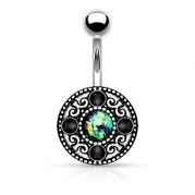 {Dark Green} Imitation Opal Glitter Tribal Pattern Surgical Steel Belly Button Ring (Sold Individually)