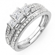 1.00 Carat (ctw) 14k White Gold Brilliant Princess Cut 3 Stone Diamond Ladies Engagement Bridal Ring Set Matching Band
