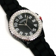 Black Silver Silicone Gel Ceramic Style Band Crystal Bezel Watch