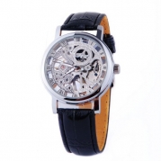 Mens Mechanical Skeleton Watch Hand Wind Up Silver Dial Black Leather Strap MW-07