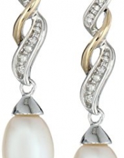 S&G Sterling Silver and 14k Yellow Gold Freshwater Cultured Pearl and Diamond Drop Earrings (9.5-10 mm)
