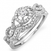 0.60 Carat (ctw) 14k White Gold Round Diamond Ladies Halo Style Bridal Engagement Ring Matching Band Set (Size 7)