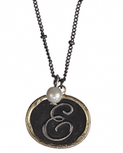 E Monogram Rustic Antique Hammered Pendant 16 Necklace & Imitation Pearl Charm by Jewelry Nexus