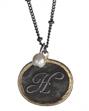 H Monogram Rustic Antique Hammered Pendant 16 Necklace & Imitation Pearl Charm by Jewelry Nexus