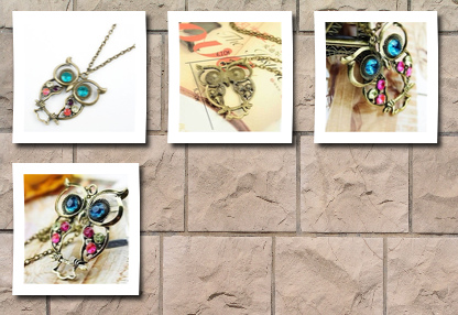 Buyinhouse vintage, retro colorful crystal owl pendant and chain with antiqued bronze/brass finish