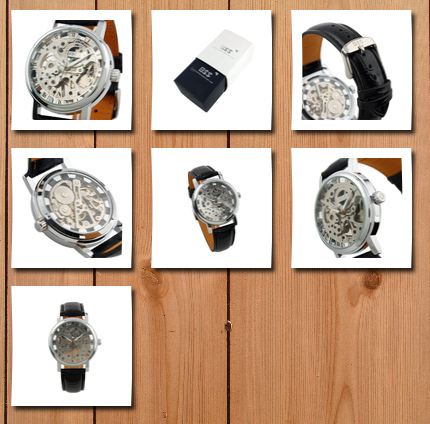 ESS men's black leather luxury skeleton dial hand-wind up mechanical wrist watch